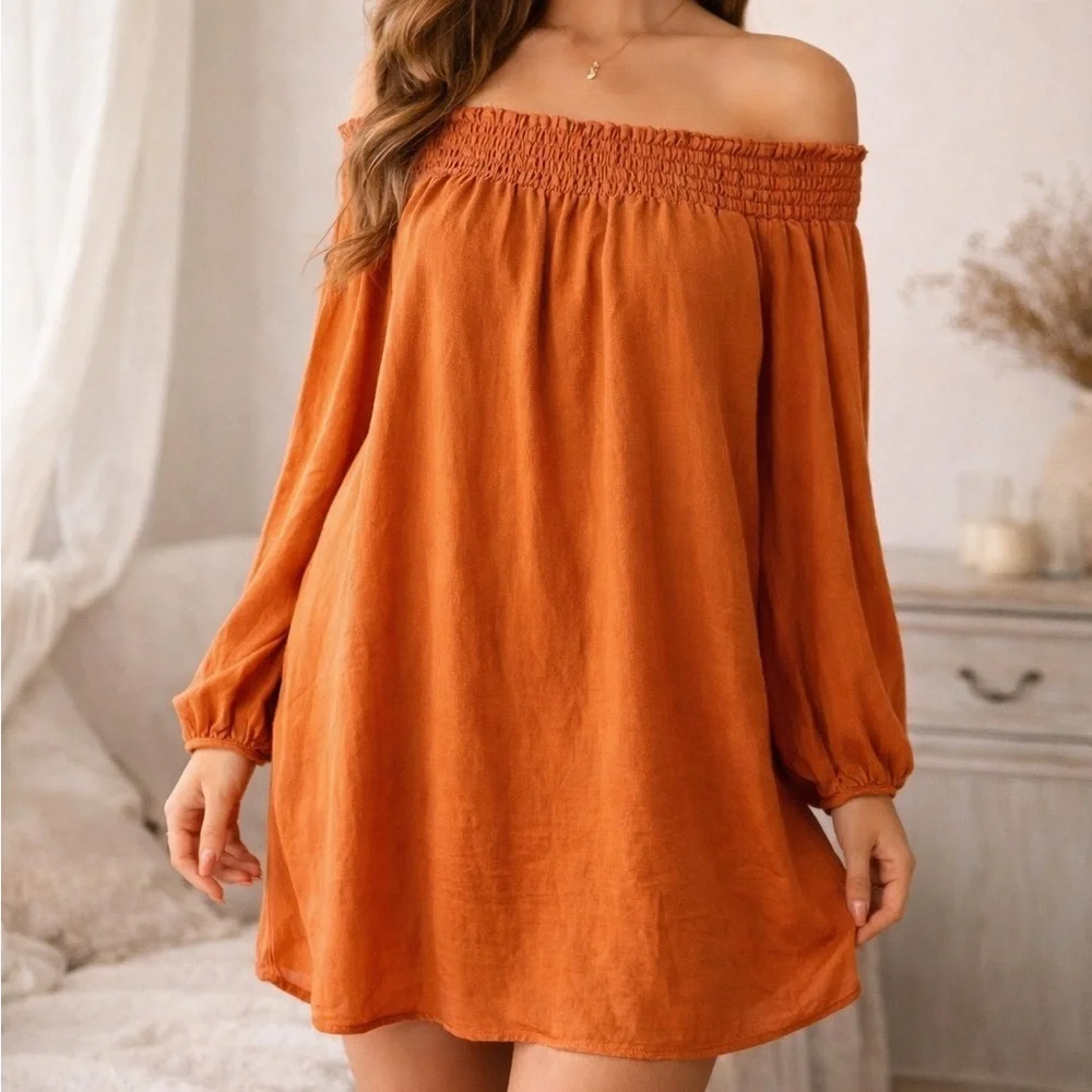 Nasty Gal Rust Orange Off Shoulder Mini Dress Long Sleeve Smocked Boho S Festive - Picture 1 of 11